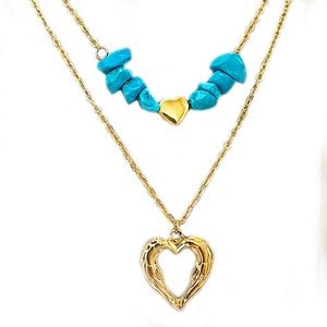 Double-layered gold bohemian heart necklace with turquoise beads and hollow heart pendant