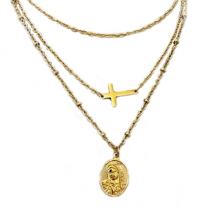 Three-layer gold stainless steel necklace with cross and Virgin Mary medal pendants