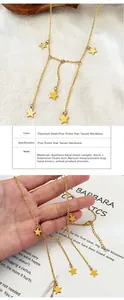 Detail of gold stainless steel star tassel necklace showing adjustable chain length