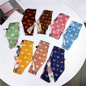Skinny Twilly Scarf Faux Satin Cartoon Cat Fishbone Double Sided Plaid Neckerchief Hair Ribbon Bag Handle Wrap