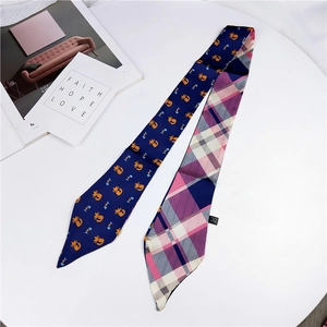 Detail of cartoon cat pattern and plaid twill on multi-functional narrow silk scarf