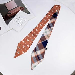 Detailed view of cartoon cat and colorful plaid twilly scarf on a white desk background