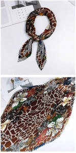 Détail macro d'un foulard plissé losange avec imprimé girafe et motifs floraux