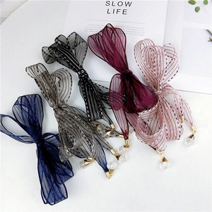 Striped Organza Skinny Scarf Bow Twilly For Women With Faux Crystal Pendant Decorative Necktie Bag Accessory Elegant Ribbon