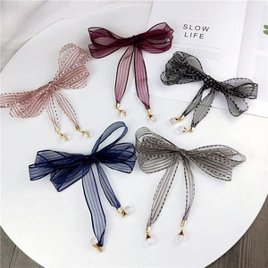 Five-piece striped organza bow hair clip set with elegant crystal pendant drops