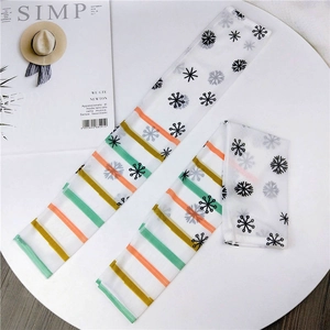 Detail of mesh sun sleeves featuring snowflake prints and colorful striped patterns