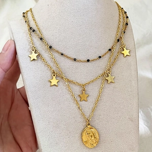 Collier Multirang Acier Inoxydable Pendentif Étoile Médaille Portrait Vierge Marie Style Palais Rétro Femme