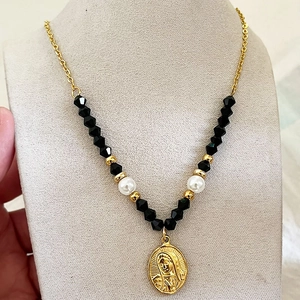Collana Pendente Vergine Maria Acciaio Inossidabile Placcato Oro Perline Nere Perla Artificial Sintetica Gioielli Religiosi Retro