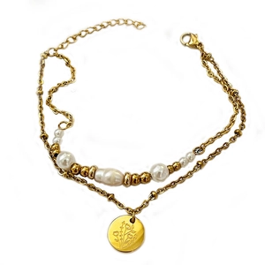 Bracelet double rang doré avec perles et pendentif floral rond pour femme élégante