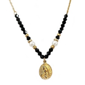 Collana artigianale con perline nere, perle bianche e ciondolo della Vergine Maria