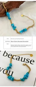 Detail of 18K gold plated stainless steel bracelet with blue turquoise beads and 5cm extender