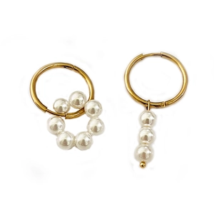 Gold titanium steel geometric pearl earrings featuring asymmetrical hoop and drop chain