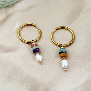 Boucles D'oreilles Créoles Asymétriques Acier Inoxydable Pierres Naturelles Perles D'eau Douce Style Rétro Bohème