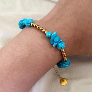 Bohemian style 18K gold plated stainless steel bracelet with blue turquoise beads for women