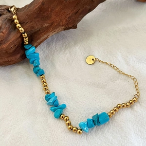 18K gold plated stainless steel bracelet with natural turquoise stones and golden beads