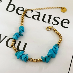 18K gold plated stainless steel beaded bracelet with turquoise stones and lobster clasp