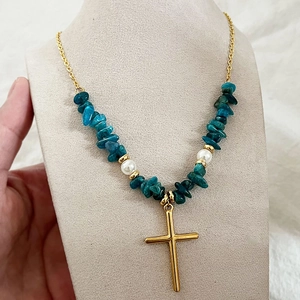 Collier À Pendentif Croix Perlé Avec Acier Inoxydable Gravier Bleu Et Faux Künstliche Perles Vintage Bohème Pour Femmes