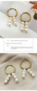 Close-up of geometric stainless steel hoop earrings with double pearl tassel details