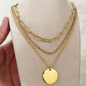 Triple Layered Necklace Gold Plated Stainless Steel Paperclip Rope Chain Round Pendant Stackable Fashion For Women