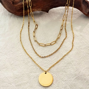 Three-layer gold stainless steel necklace set with paperclip chain and round pendant