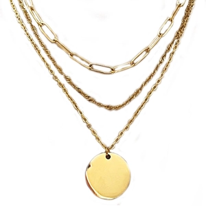 Three-layer gold stainless steel necklace with paperclip and rope chains and round pendant