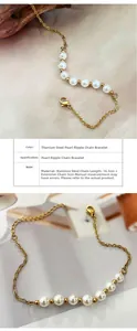 Détail du bracelet chaîne à ondes d'eau en acier titane doré avec perles et fermoir