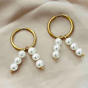 Elegant Hoop Earrings With Detachable Artificial Pearl Drops Stainless Steel Geometric Dangle For Women French Vintage Style