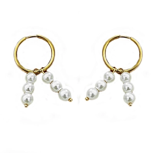 Elegant gold hoop earrings with vertical triple pearl drops on a clean white background