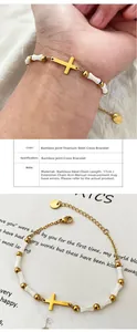 Detailed view of beaded gold cross bracelet showing dimensions and 17cm plus 4cm chain length
