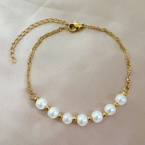 Bracelet En Acier Inoxydable Pour Femmes Avec Künstliche Perles D'Imitation Blanches Chaîne À Ondes Élégante Bijoux Réglables