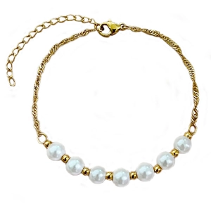 Bracelet élégant en acier titane doré avec sept perles blanches et chaîne en spirale