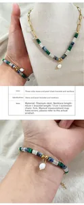 Détails de l'ensemble collier et bracelet en acier titane avec perles d'eau douce et gemmes
