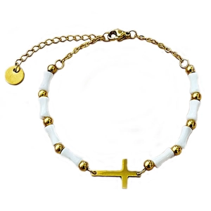 Golden beaded bracelet with white bamboo-style beads and a horizontal cross pendant