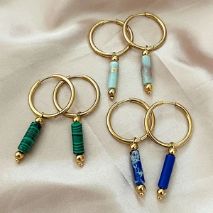 Natural Stone Bead Pendant Hoop Earrings For Women Stainless Steel French Retro Geometric Jewelry