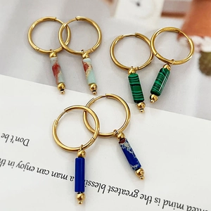 French retro gold hoops set with natural malachite and lapis lazuli stone pendants