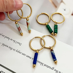 French style gold stainless steel hoop earrings with natural stone cylinder pendants