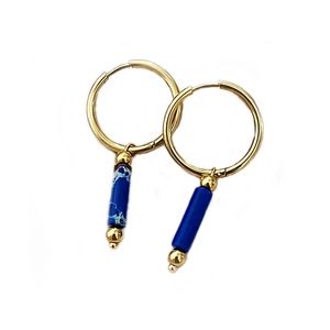 French style gold stainless steel hoop earrings with natural blue stone bead pendants