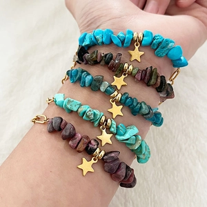 Bracelet Chaîne Trombone en Acier Inoxydable Avec Éclats de Pierres Naturelles Pendentif Étoile Or Bijoux Bohème pour Femme