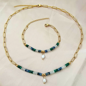 Bijoux Collier Et Bracelet En Acier Inoxydable Avec Perle D'Eau Douce Perles Colorées Chaîne Trombone Style Bohème Fait Main