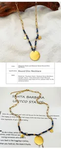 Detail of gold stainless steel necklace with blue natural stone beads and round pendant