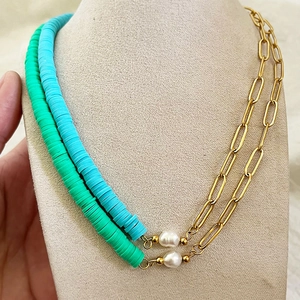 Paperclip Chain Necklace Titanium Steel Soft Clay Heishi Beads Artificial Baroque Pearl Asymmetrical Bohemian Jewelry For Women