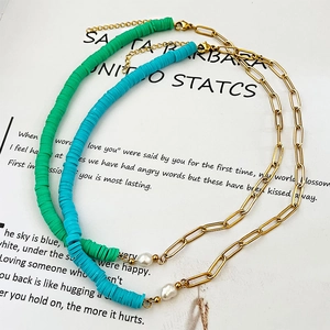 French style colorful clay beaded necklace with gold link chain and baroque pearl pendant