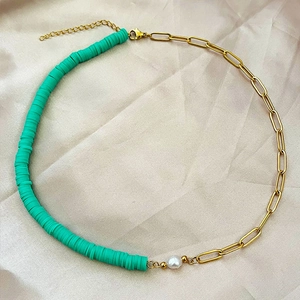 Baroque pearl necklace with mint green clay beads and golden paperclip chain links