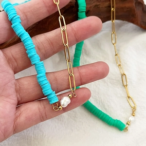 Bohemian heishi clay bead necklace with gold paperclip chain and baroque pearl pendant