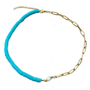Baroque pearl necklace with sky blue Heishi beads and golden paperclip chain link