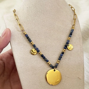 Stainless Steel Natural Stone Beaded Pendant Necklace Gold Paperclip Chain Blue Sodalite Circle Disc Spliced Jewelry