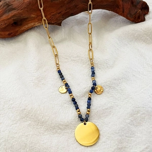 Gold paperclip chain necklace with blue natural stone beads and round pendants