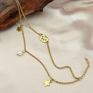 Boho Edelstahl Armband in Gold mit Stern, Perle und Katzenpfote Anhänger zweilagig