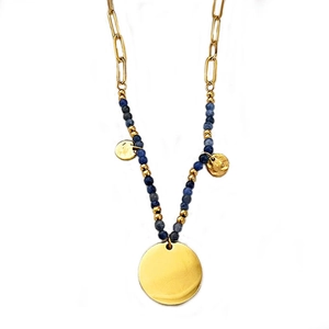 Fashion gold paperclip chain necklace with blue stone beads and round metal pendants