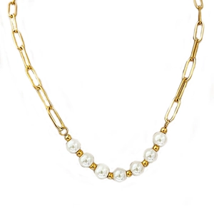 Collier trombones plaqué or 18 carats avec perles blanches et perles d'espacement